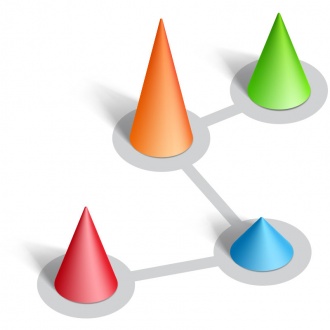 Colorful cones representing connected network nodes Colorful cones representing connected network nodes