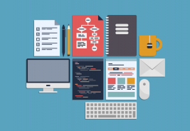 Flat lay web developer workspace with code
