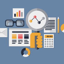 Magnifying glass over data analysis icons Magnifying glass over data analysis icons