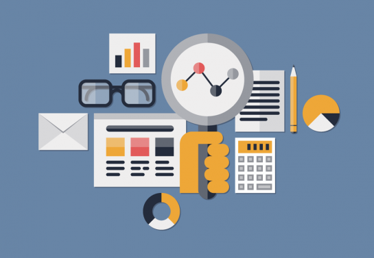 Magnifying glass over data analysis icons