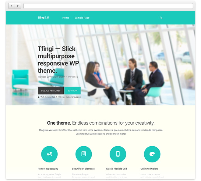 WordPress theme demo showing business meeting