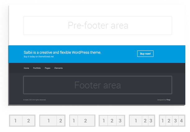Website footer mockup with blue bar and pagination