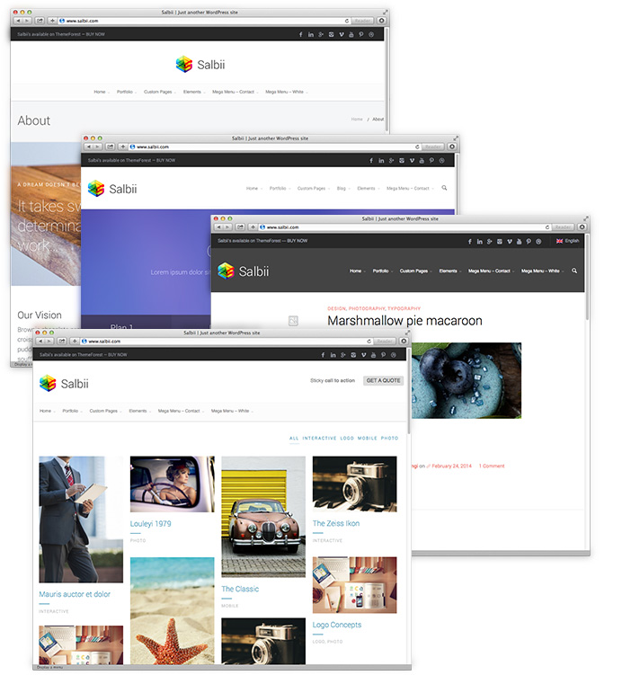 Stacked browser windows showing website templates