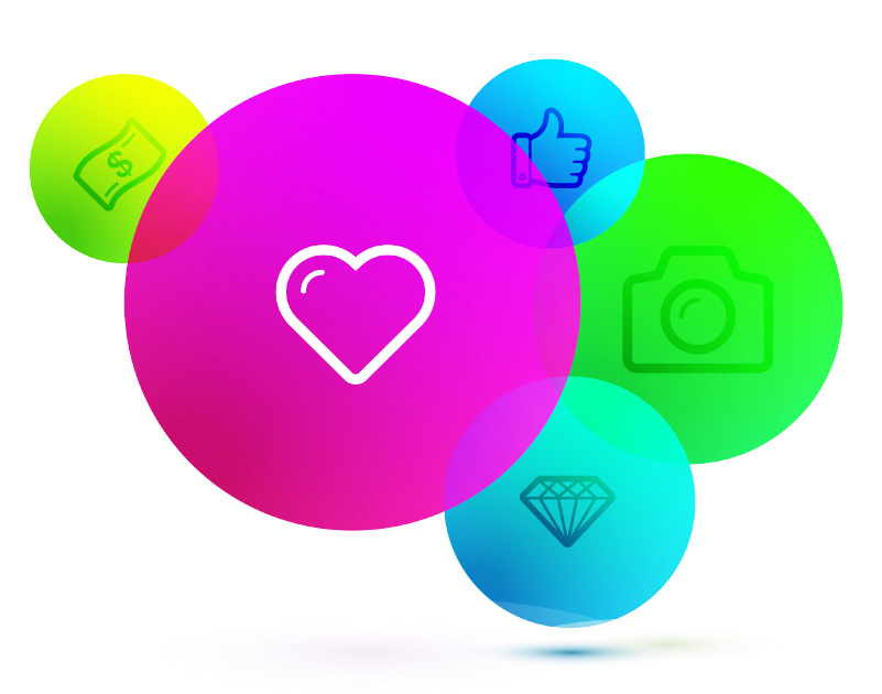Colorful overlapping bubbles with heart and icons