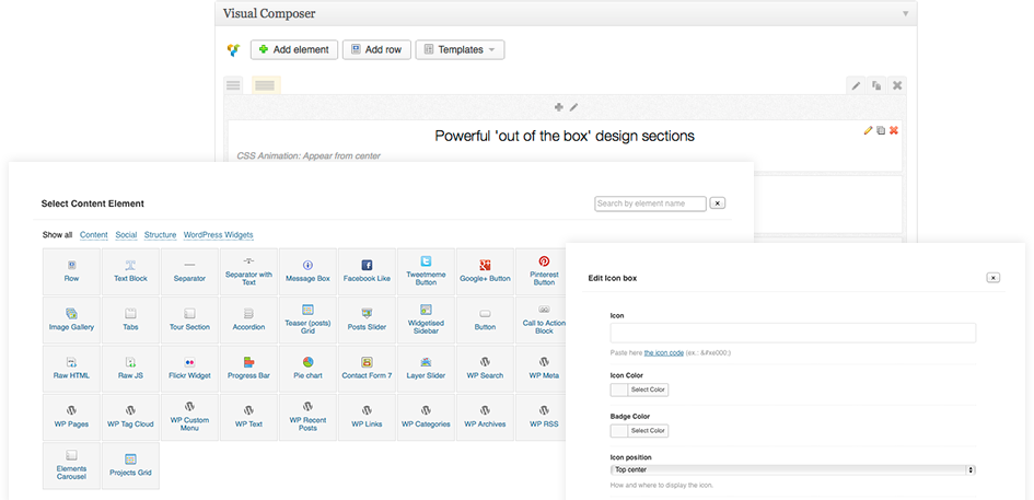 Visual Composer UI showing content element options