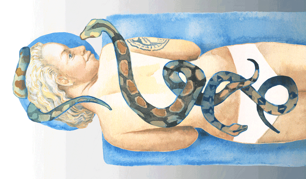 Animated art by Rebecca Bird illustrating the NYT snake massage article