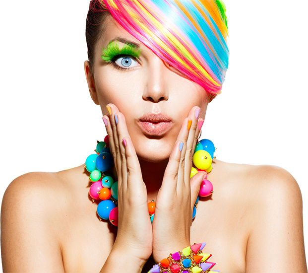 Woman with rainbow hair and colorful jewelry