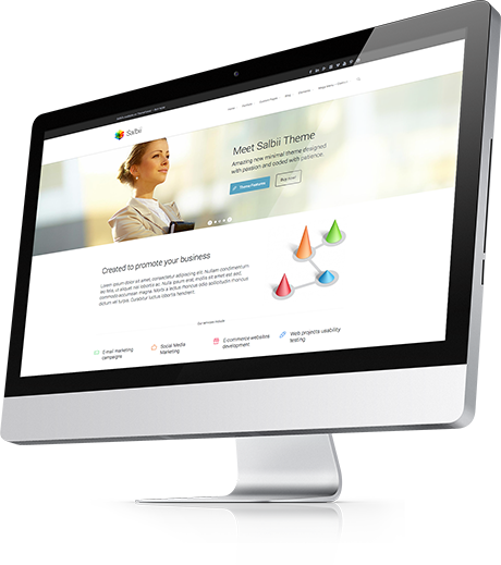 Computer monitor displaying website homepage mockup